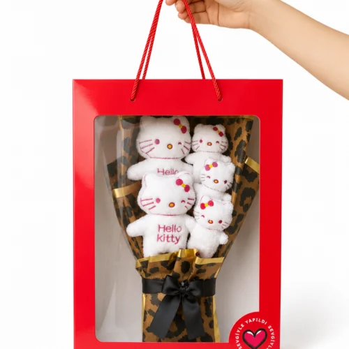 Toptan 5’li Hello Kitty peluş buketi kırmızı taşıma çantalı
