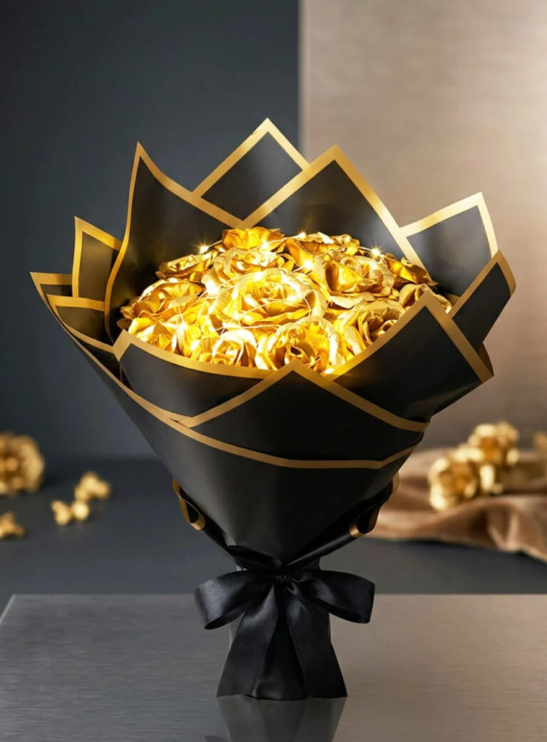 Toptan sarı ledli gold sonsuzluk gülü buketi siyah gold ambalajlı 13 adet ışıklı model