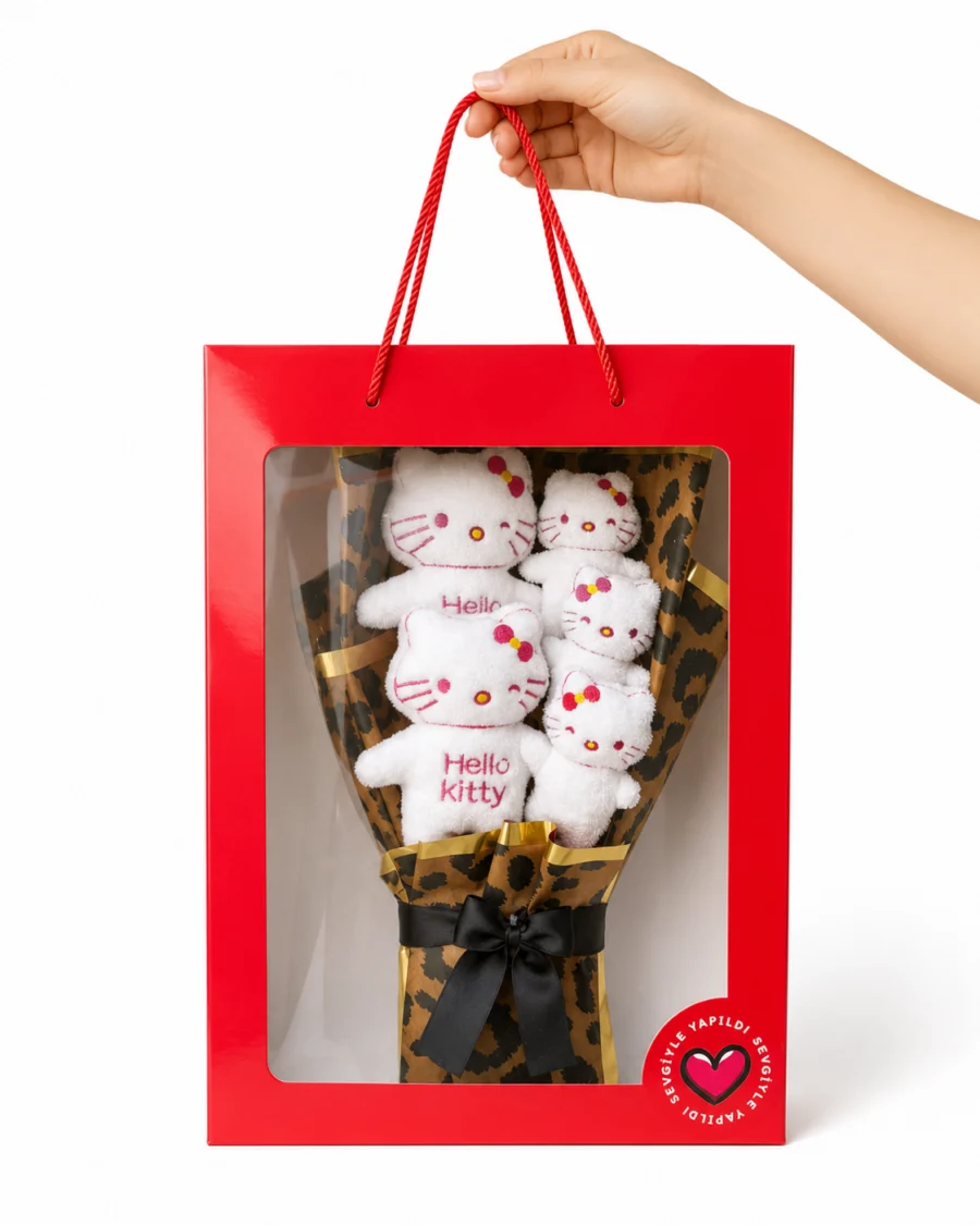 Toptan 5’li Hello Kitty peluş buketi kırmızı taşıma çantalı