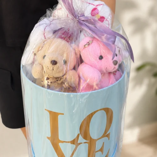 Toptan mavi Love silindir kutuda peluş ayıcık ve Hello Kitty seti