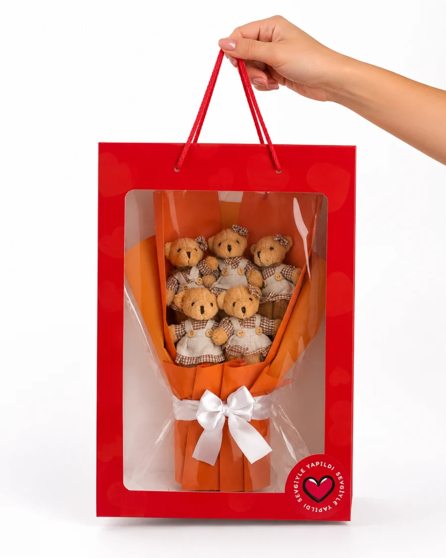 Toptan 5’li kıyafetli ayıcık buketi kırmızı taşıma çantalı 40x28 cm