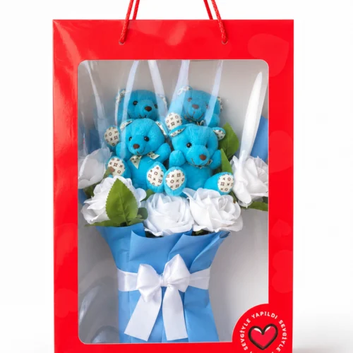 Toptan asetat kutulu 5’li mavi ayıcık ve beyaz gül buketi 40x28 cm hediyelik ürün