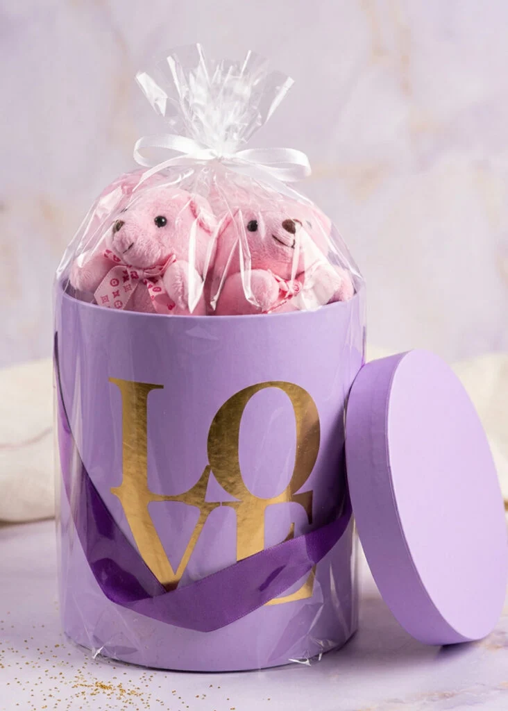 Toptan lila love yazılı silindir kutuda pembe peluş ayıcık seti