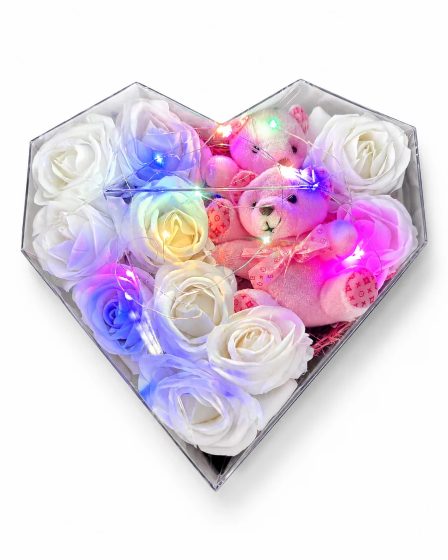 Pembe Ayıcıklı Kalp Kutu 10 beyaz gül ve renkli LED ışıklı