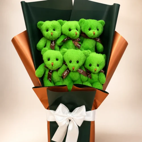 Toptan yeşil ayıcık buketi 6 adet peluş ayıcıklı dekoratif sunum