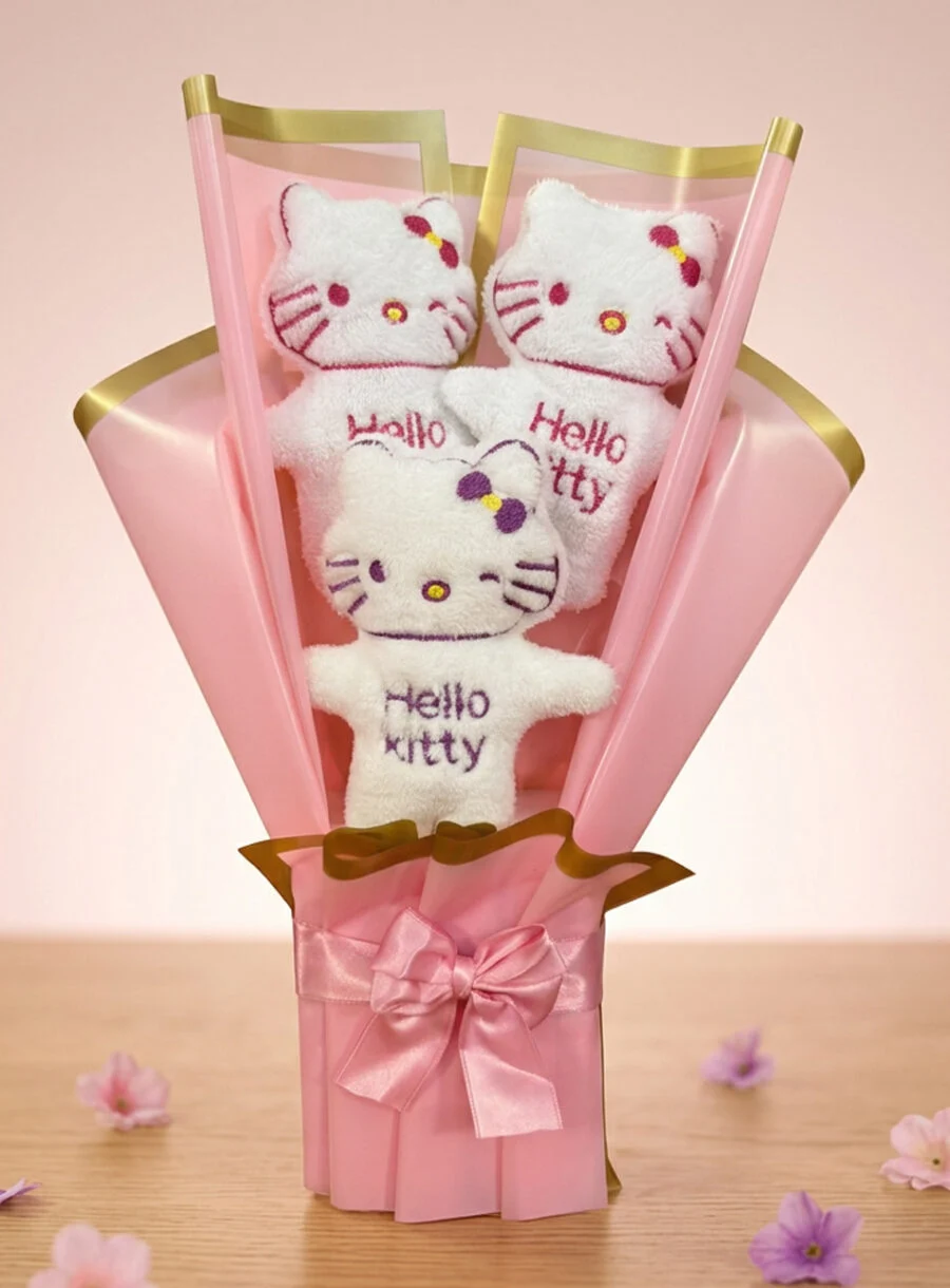 3’lü Hello Kitty peluş buketi pembe ambalajlı hediye modeli