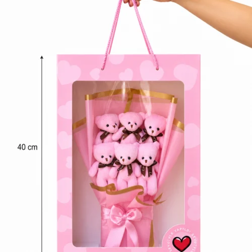 Toptan asetat kutulu 6’lı pembe ayıcık buketi 40x28 cm hediyelik ürün