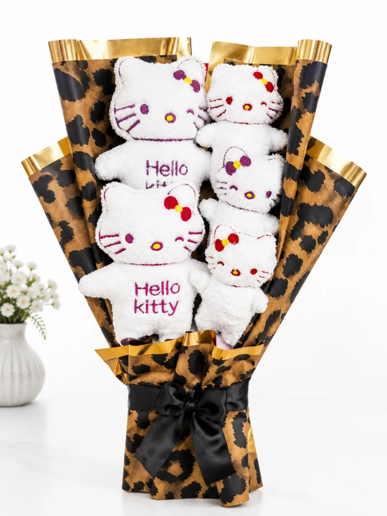 Toptan 5’li Hello Kitty peluş buketi leopar desenli ambalaj