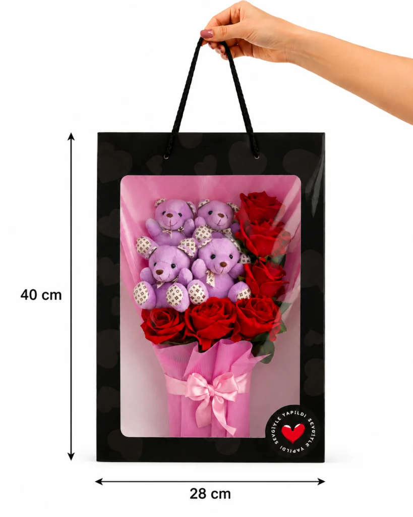 Toptan asetat kutulu 4’lü mor ayıcık ve kırmızı gül buketi 40x28 cm hediyelik ürün