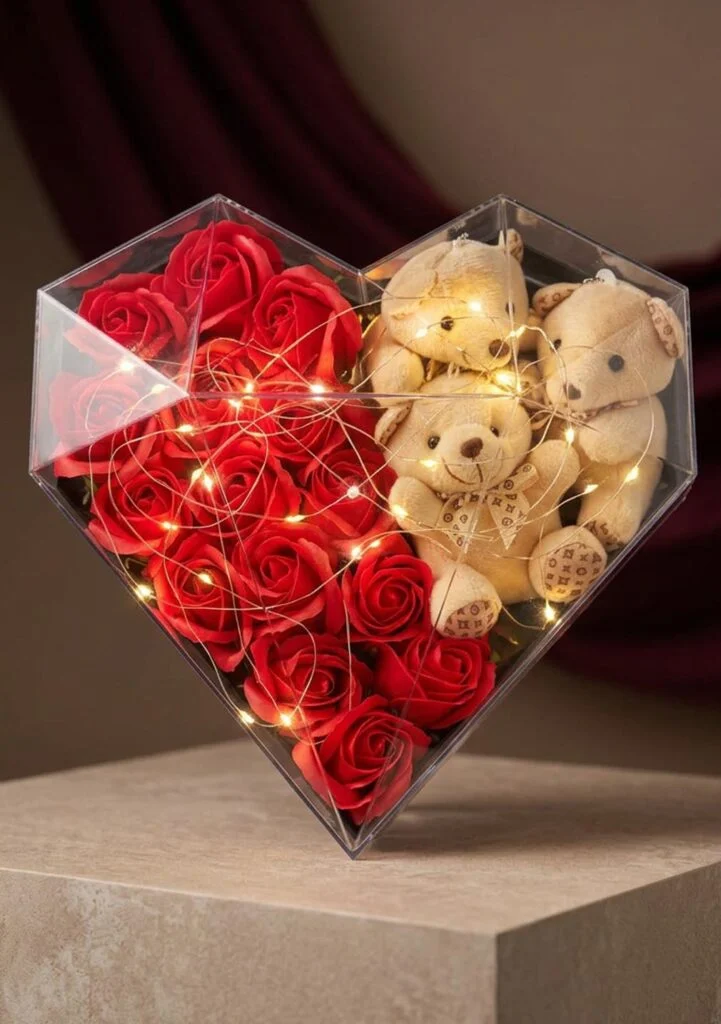 Toptan kalp prizma kutuda ayıcıklı kırmızı gül LED ışıklı hediye