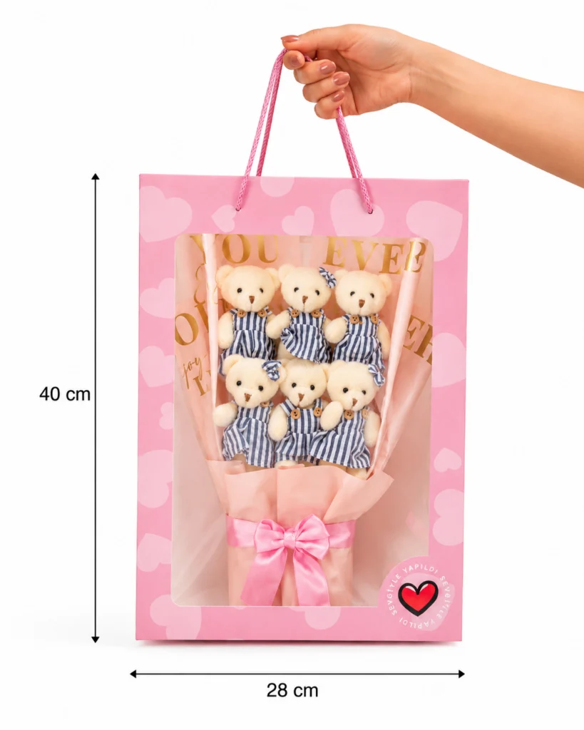 Toptan 6’lı çizgili kıyafetli ayıcık buketi taşıma çantalı 40x28 cm