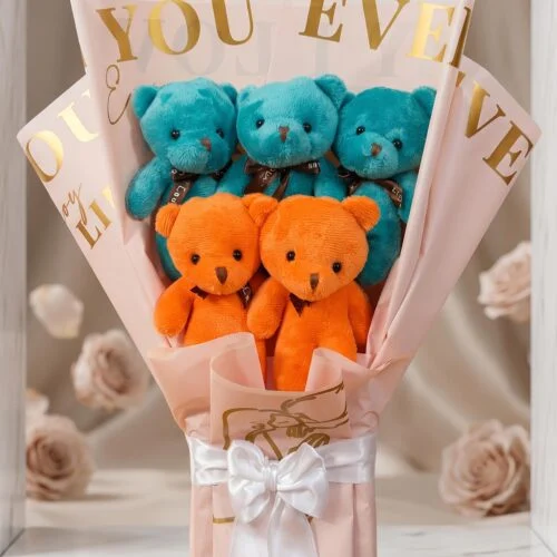 Toptan 5’li yeşil turuncu peluş ayıcık buketi pembe ambalajlı beyaz fiyonklu hediye modeli