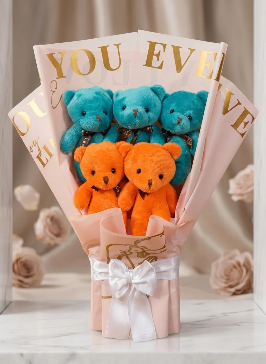 Toptan 5’li yeşil turuncu peluş ayıcık buketi pembe ambalajlı beyaz fiyonklu hediye modeli