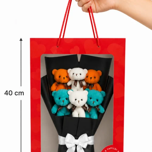 Kırmızı çantalı 6 adet renkli peluş ayıcık buketi siyah ambalajlı toptan hediyelik ürün