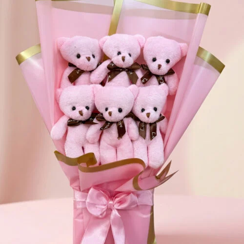 Pembe peluş ayıcık buketi 6’lı toptan hediyelik ürün