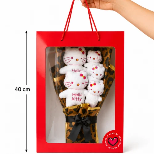 40x28 cm ölçülü kırmızı kutulu Hello Kitty peluş buketi