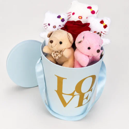 Asetatlı mavi Love kutulu peluş hediye seti