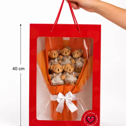 40x28 cm ölçülü kırmızı kutulu 5’li peluş ayıcık buketi