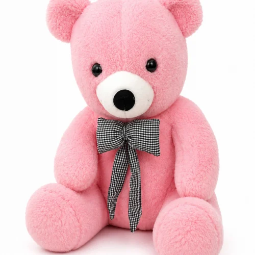 Pembe renkte, oturur formda tasarlanmış, dolgulu gövdeye ve boyun kısmında fiyonk detayına sahip 55 cm peluş ayının önden ana ürün görünümü.