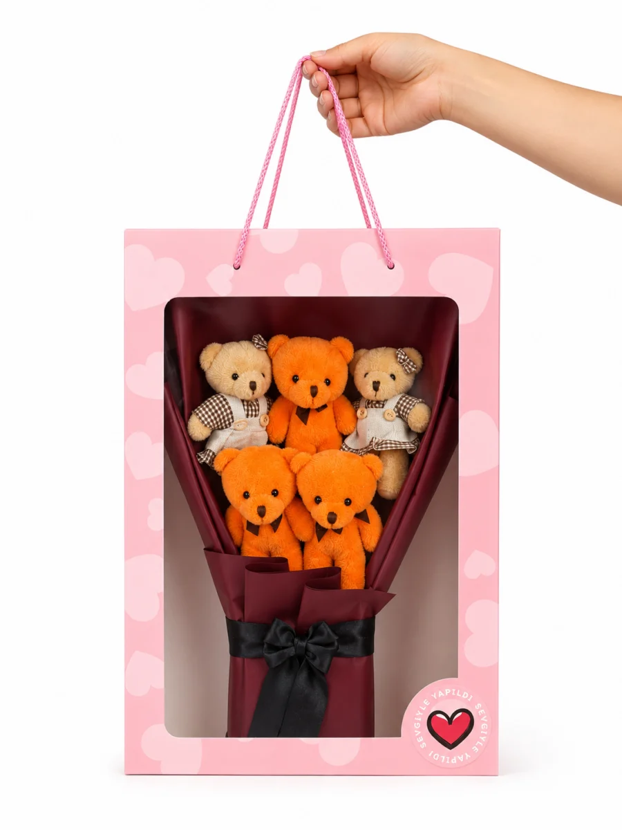 Toptan 5’li turuncu krem peluş ayıcık buketi pembe taşıma çantalı bordo ambalajlı hediye modeli