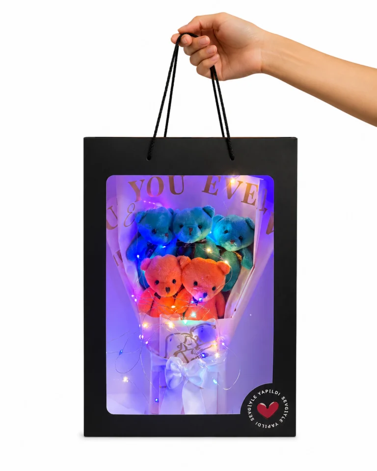 Toptan renkli ayıcıklı ledli buket siyah kutulu ışıklı peluş hediye modeli