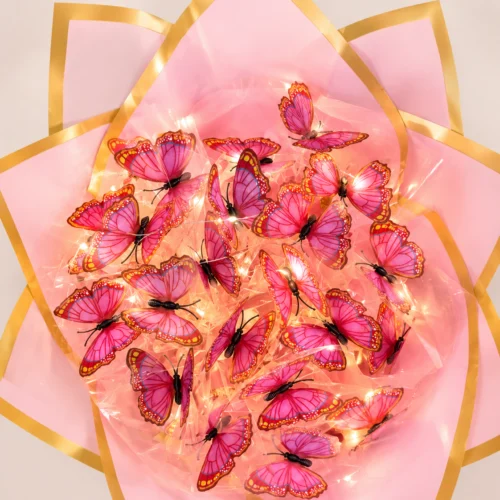 Gold kenarlı pembe kelebek buketi sarı ledli ışıklı hediye modeli çiçekçi toptan ürün
