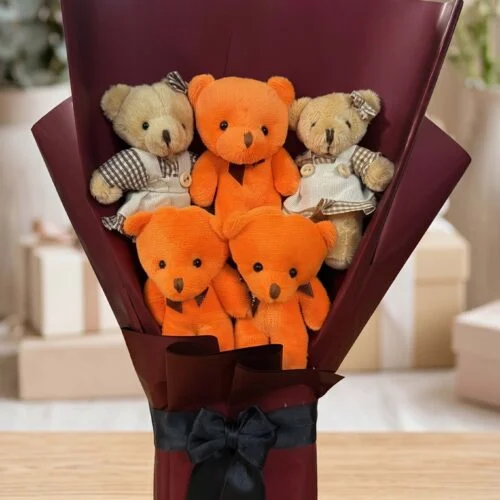 Toptan 5’li karışık peluş ayıcık buketi bordo ambalajlı siyah fiyonklu hediye modeli