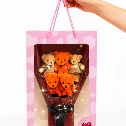 Sarı ledli 5’li peluş ayıcık buketi pembe taşıma çantalı
