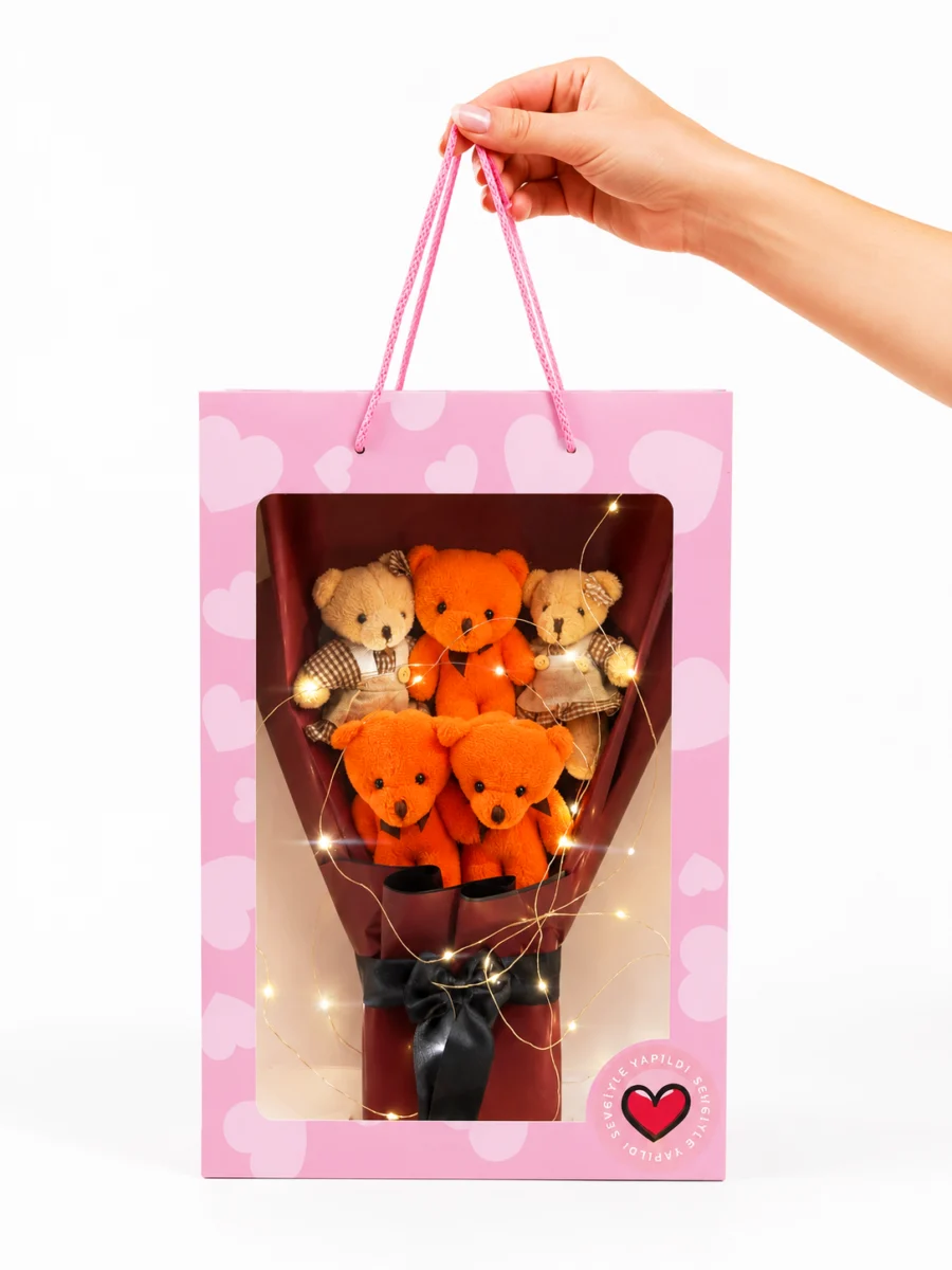 Sarı ledli 5’li peluş ayıcık buketi pembe taşıma çantalı