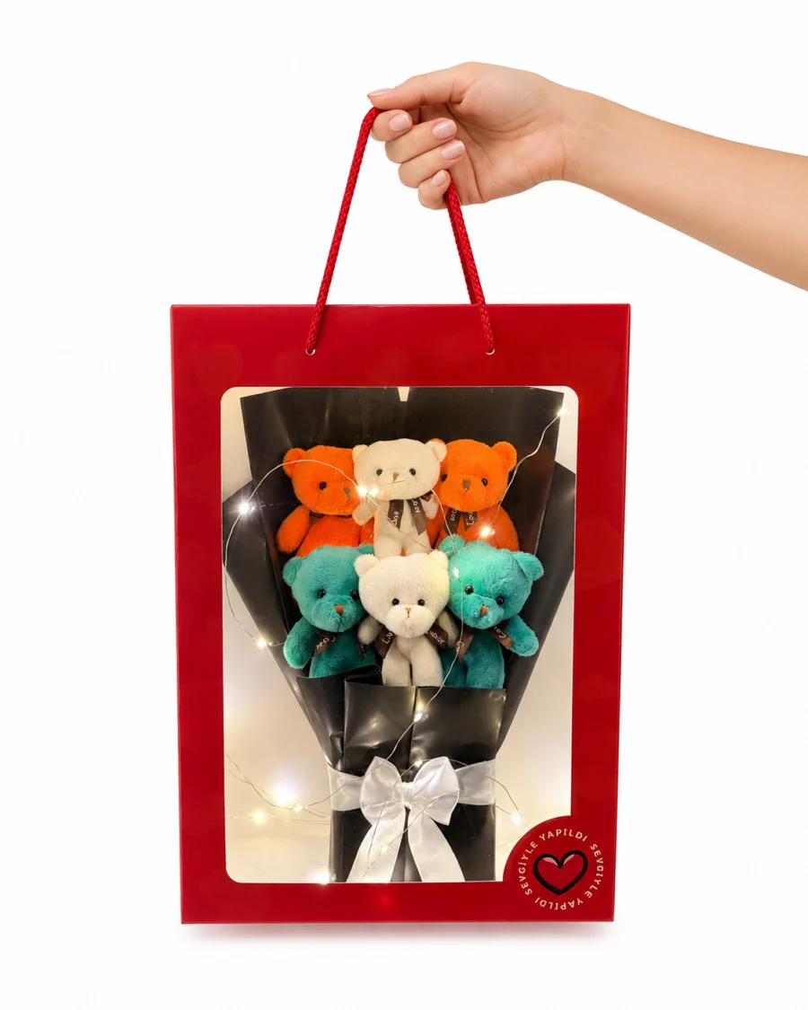 Toptan Sarı Ledli 6’lı Peluş Ayıcık Buketi