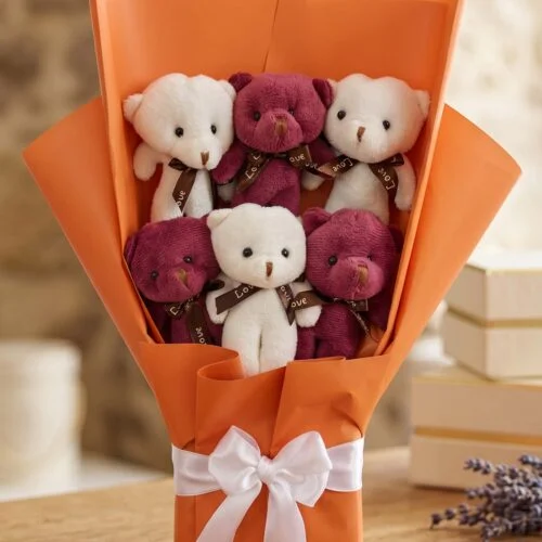 3 mürdüm ve 3 krem peluş ayıcıklı toptan buket