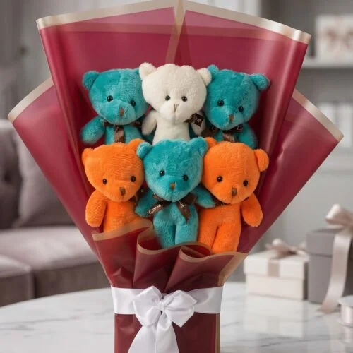 Toptan 6’lı renkli peluş ayıcık buketi bordo ambalajlı beyaz fiyonklu hediye modeli