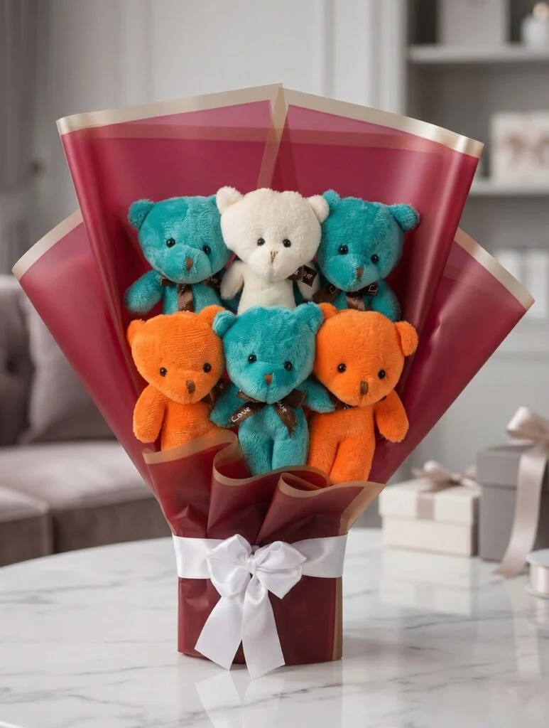 Toptan 6’lı renkli peluş ayıcık buketi bordo ambalajlı beyaz fiyonklu hediye modeli