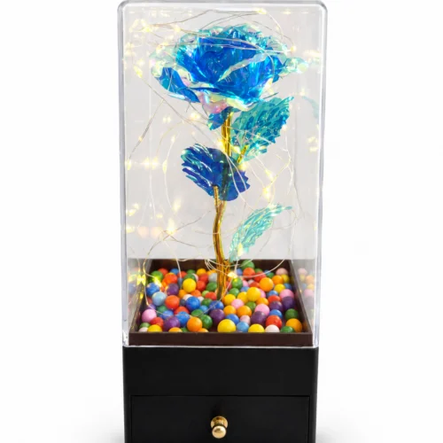 LED ışıklı mavi güllü çekmeceli kare fanus ön görünüm