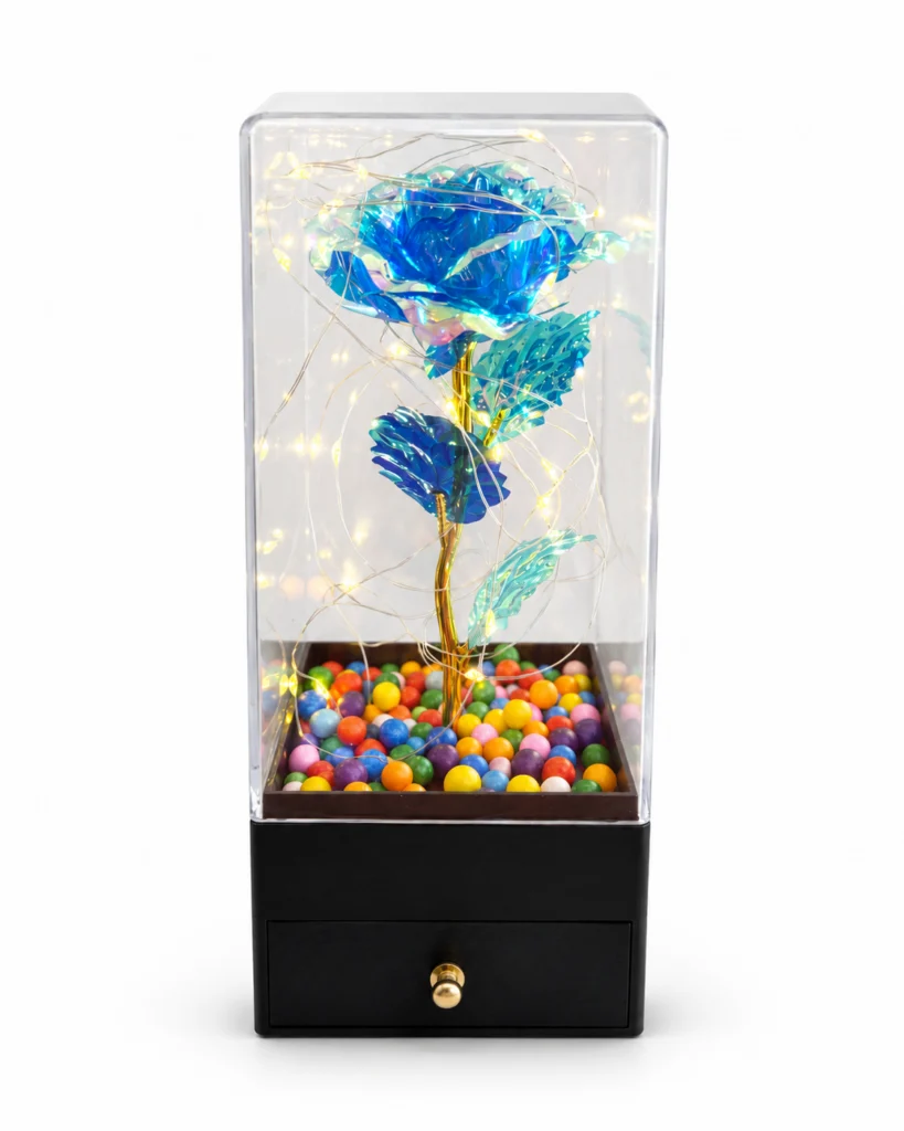 LED ışıklı mavi güllü çekmeceli kare fanus ön görünüm