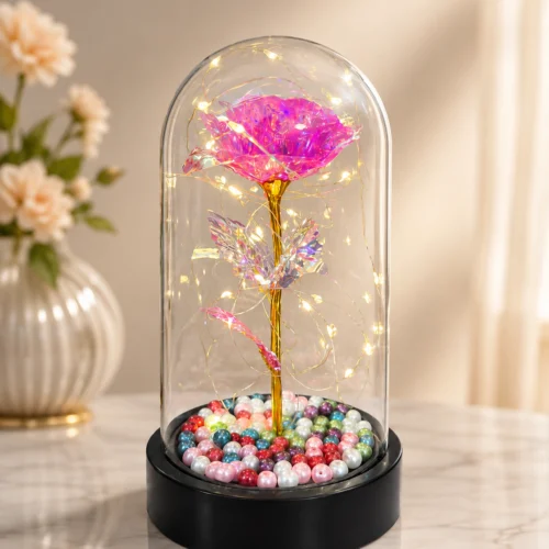 Pembe sonsuzluk güllü boncuklu ışıklı fanus modeli