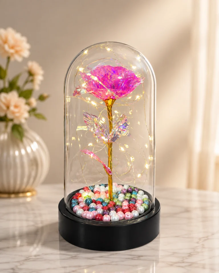 Pembe sonsuzluk güllü boncuklu ışıklı fanus modeli