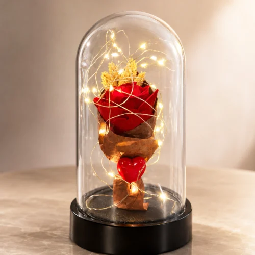 Kırmızı mini gül buketi ve LED ışıklı dekoratif fanus modeli