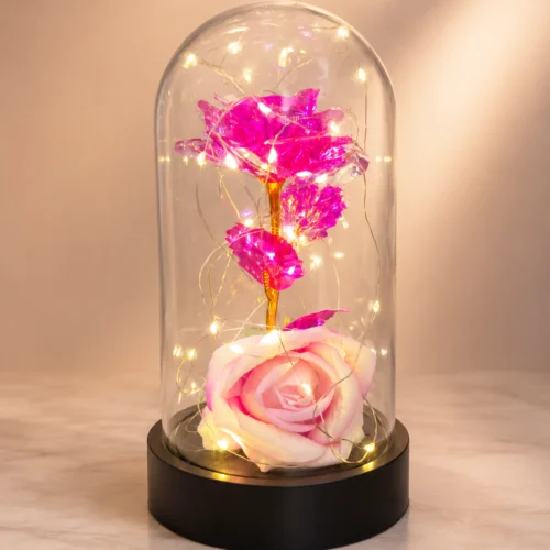 Pembe yapay gül fanusu sıcak LED ışıklı toptan hediyelik ürün