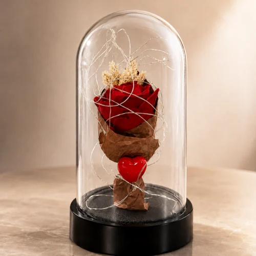 Ön açıdan çekilmiş mini gül buketli fanus modeli