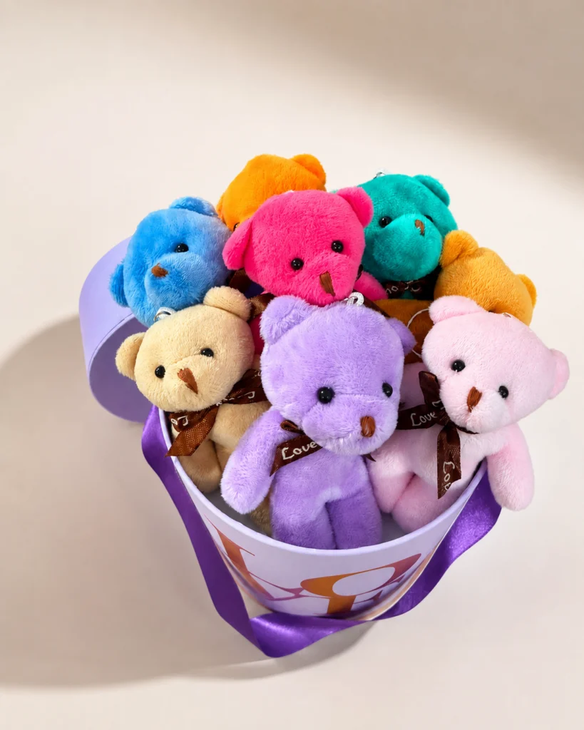 Toptan mor Love kutuda 8 adet renkli mini peluş ayıcık