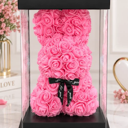 Pembe güllü tavşan hediyelik 28x17 cm şeffaf kutulu