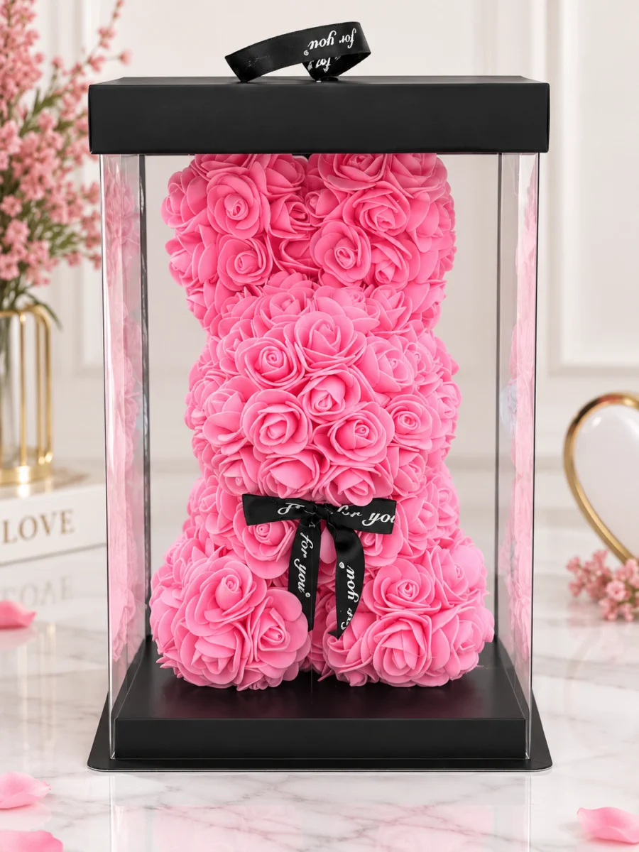 Pembe güllü tavşan hediyelik 28x17 cm şeffaf kutulu