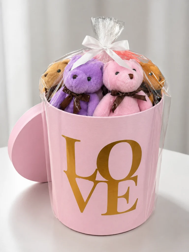 Pembe ayıcık kutusu içinde 8 mini peluş ayıcık ambalajlı