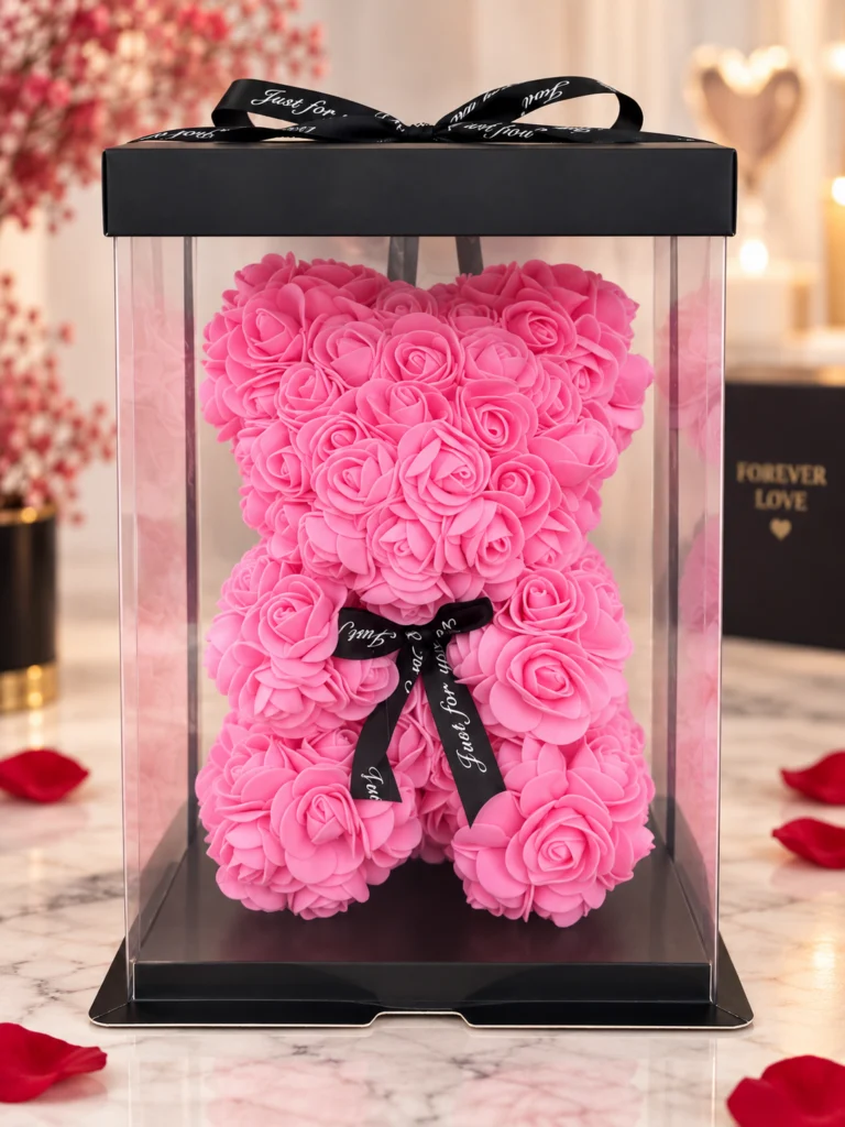 Pembe rosebear ayıcık 28x17 cm güllü şeffaf kutulu hediyelik