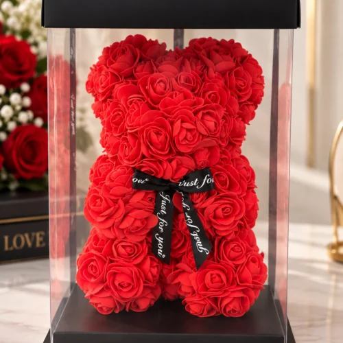 Kırmızı rosebear ayıcık 28x17 cm güllü şeffaf kutulu