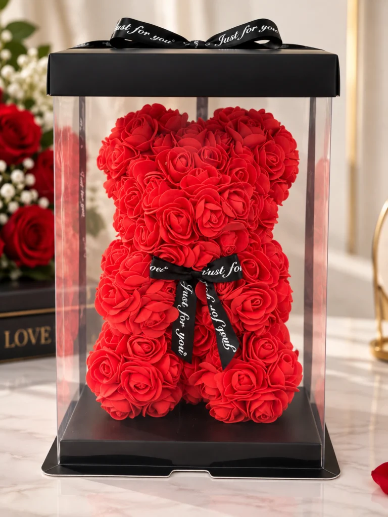 Kırmızı rosebear ayıcık 28x17 cm güllü şeffaf kutulu