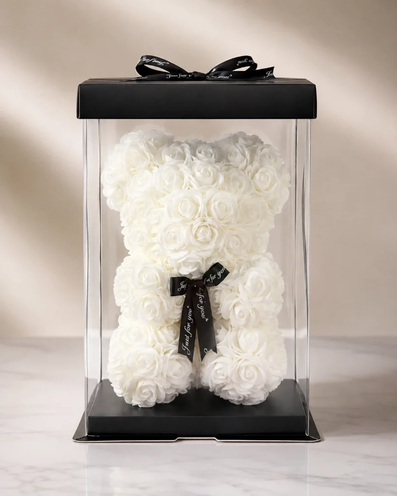 Beyaz rosebear ayıcık 28x17 cm güllü şeffaf kutulu