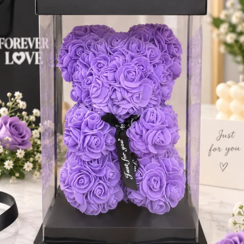 Mor rosebear ayıcık 28x17 cm güllü şeffaf kutulu