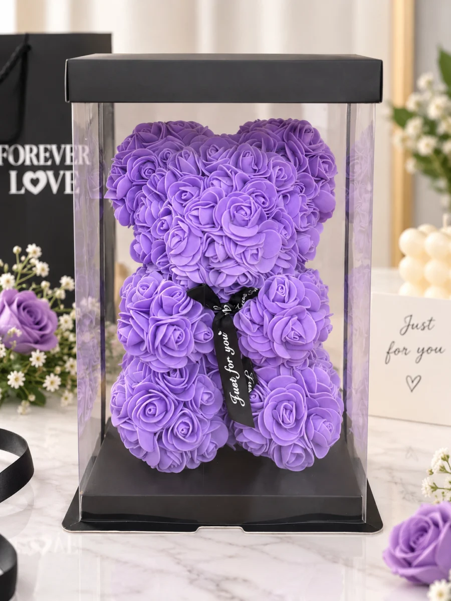 Mor rosebear ayıcık 28x17 cm güllü şeffaf kutulu